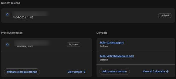 Hosting: bulb-v2.web.app, released 11/09/2026 (account email hidden)