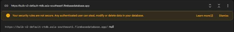 Realtime Database before the ESP32 runs: empty (null). The screenshots below show it after logging.