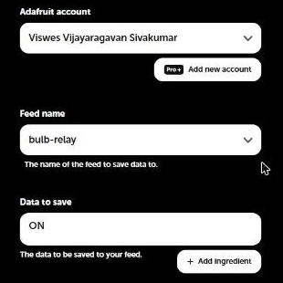 Action for Bulb On: feed bulb-relay, data ON